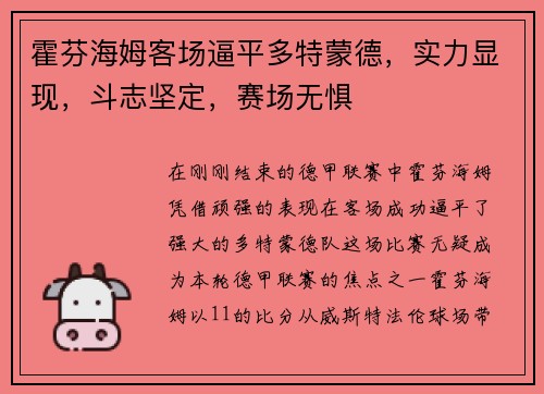 霍芬海姆客场逼平多特蒙德，实力显现，斗志坚定，赛场无惧