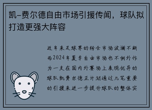 凯-费尔德自由市场引援传闻，球队拟打造更强大阵容